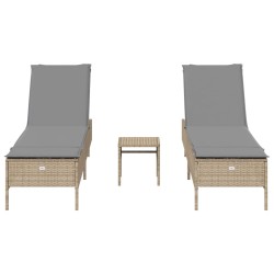 3-tlg. Sonnenliegen-Set mit Auflage Beige Poly Rattan