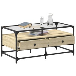 Couchtisch mit Glasplatte Sonoma-Eiche 98,5x50x45 cm Stahl