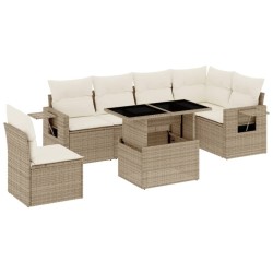 7-tlg. Garten-Sofagarnitur mit Kissen Beige Poly Rattan