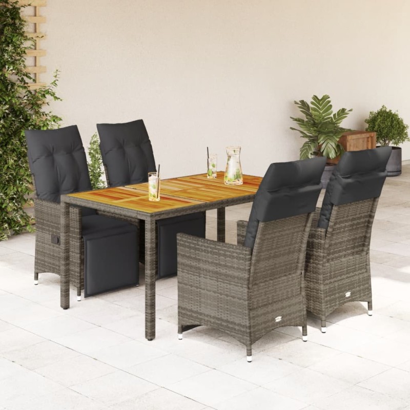 5-tlg. Garten-Bistro-Set mit Kissen Grau Poly Rattan