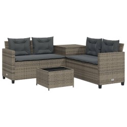 Gartensofa in L-Form mit Tisch und Kissen Grau Poly Rattan