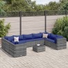 10-tlg. Garten-Lounge-Set mit Kissen Grau Poly Rattan