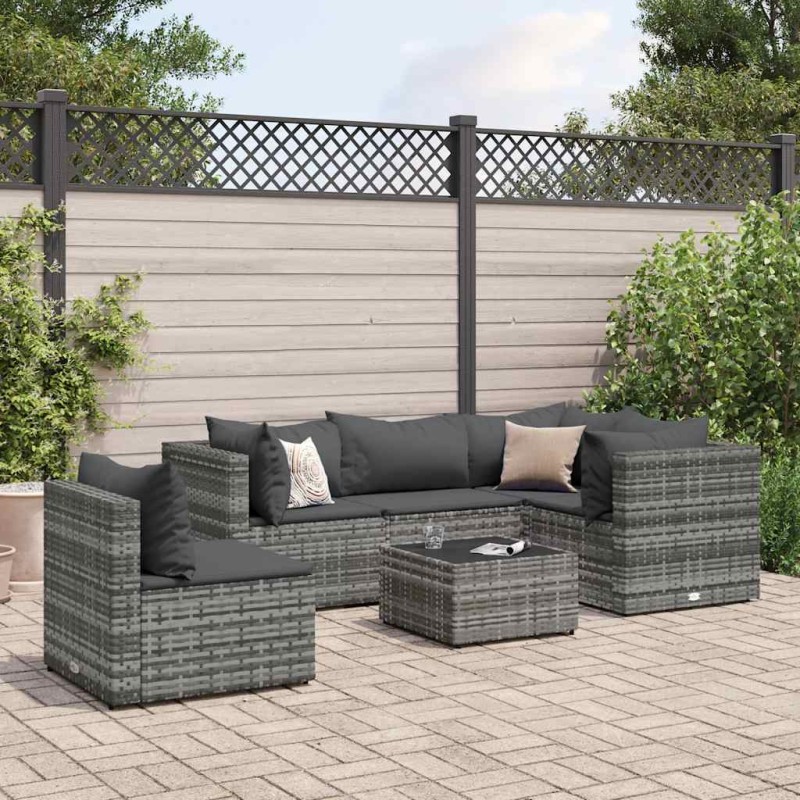 6-tlg. Garten-Lounge-Set mit Kissen Grau Poly Rattan