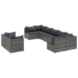 9-tlg. Garten-Sofagarnitur mit Kissen Grau Poly Rattan