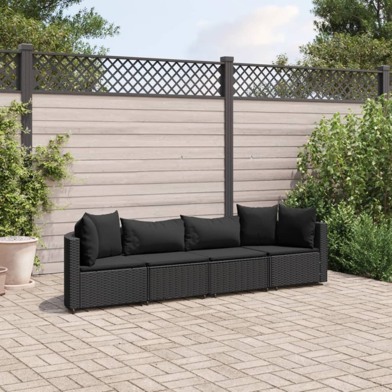 4-tlg. Garten-Sofagarnitur mit Kissen Schwarz Poly Rattan