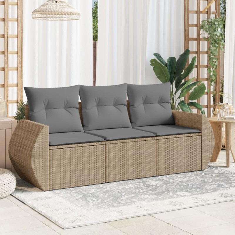 3-tlg. Garten-Sofagarnitur mit Kissen Beige Poly Rattan