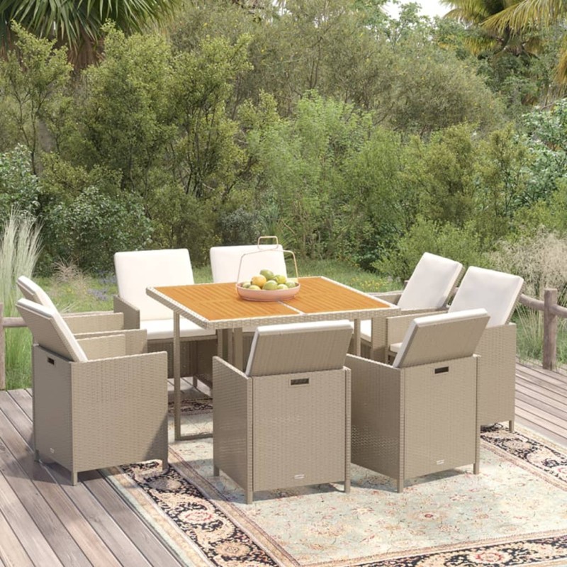 9-tlg. Garten-Essgruppe mit Kissen Poly Rattan Beige