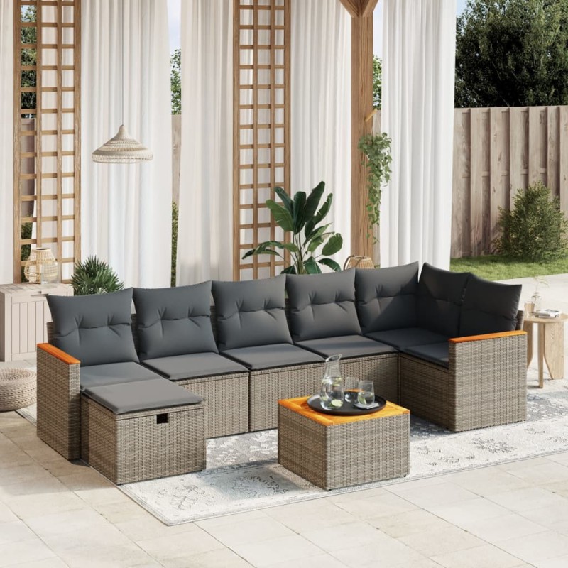 8-tlg. Garten-Sofagarnitur mit Kissen Grau Poly Rattan