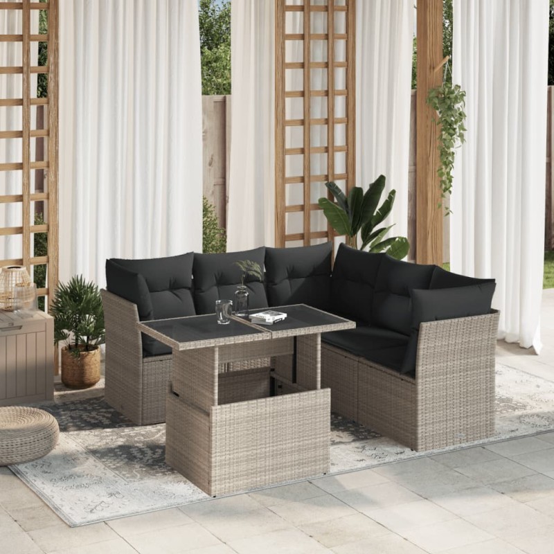 6-tlg. Garten-Sofagarnitur mit Kissen Hellgrau Poly Rattan