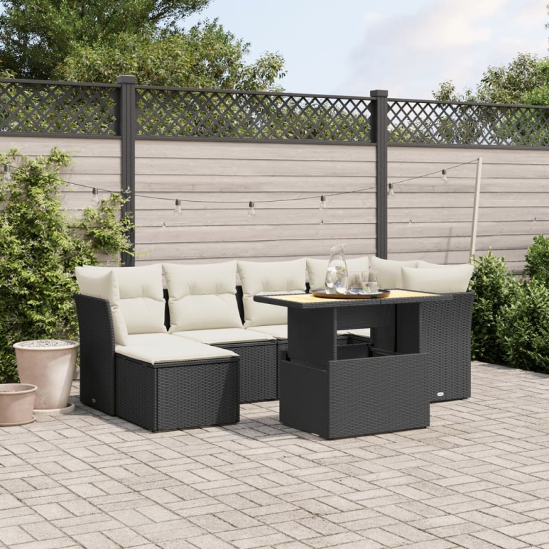 7-tlg. Garten-Sofagarnitur mit Kissen Schwarz Poly Rattan