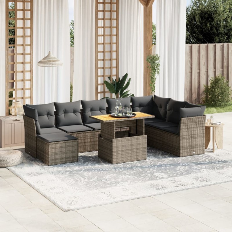 9-tlg. Garten-Sofagarnitur mit Kissen Grau Poly Rattan