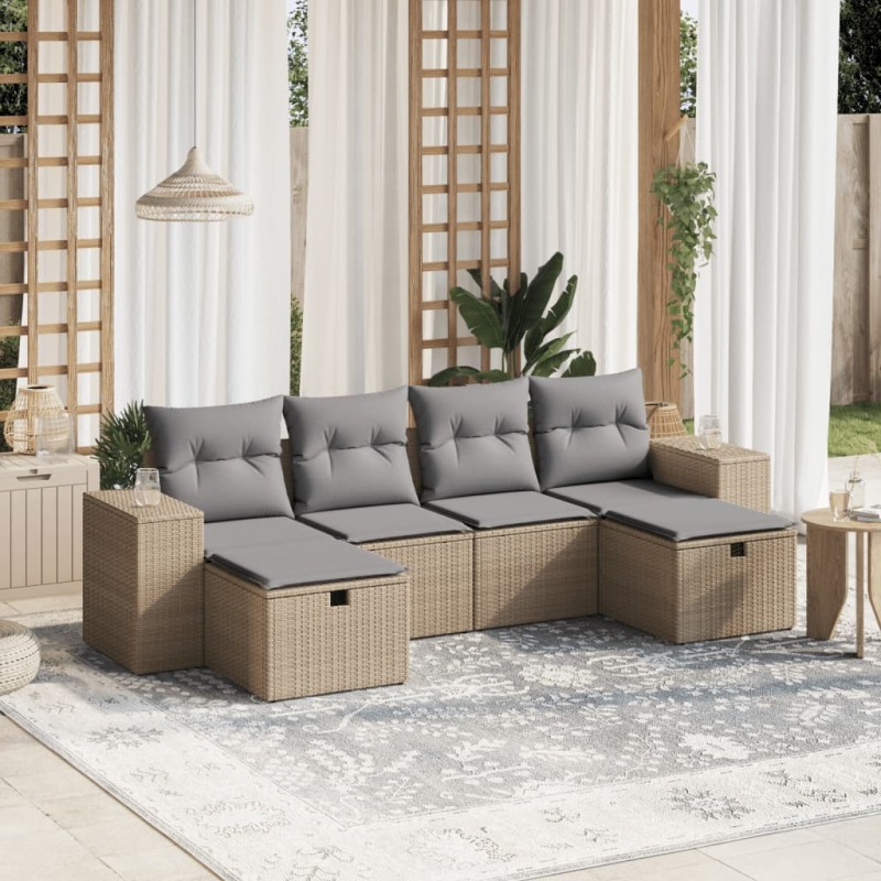 6-tlg. Garten-Sofagarnitur mit Kissen Beige Poly Rattan