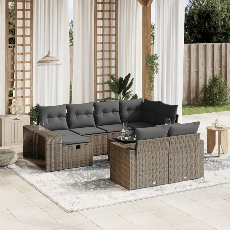 11-tlg. Garten-Sofagarnitur mit Kissen Hellgrau Poly Rattan