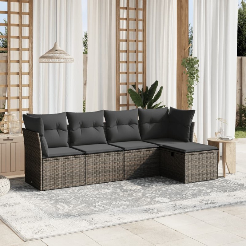 5-tlg. Garten-Sofagarnitur mit Kissen Grau Poly Rattan