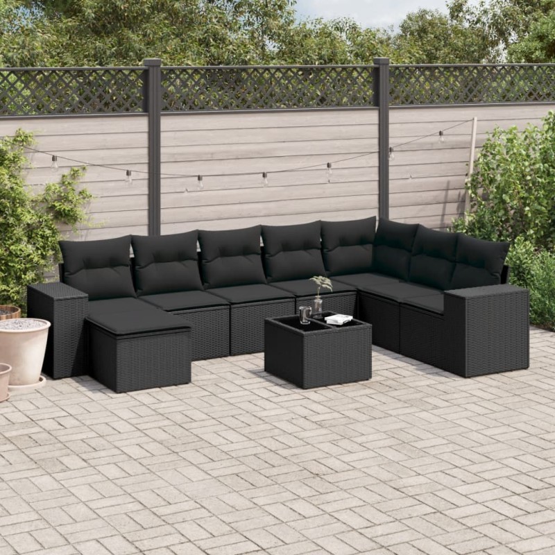 9-tlg. Garten-Sofagarnitur mit Kissen Schwarz Poly Rattan