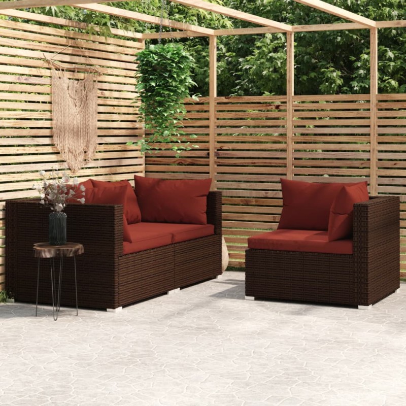 3-tlg. Garten-Lounge-Set mit Kissen Braun Poly Rattan