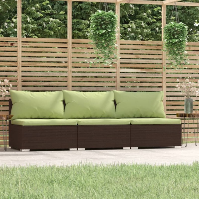 3-Sitzer-Sofa mit Kissen Braun Poly Rattan