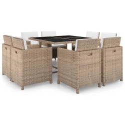 9-tlg. Garten-Essgruppe mit Auflagen Poly Rattan Beige