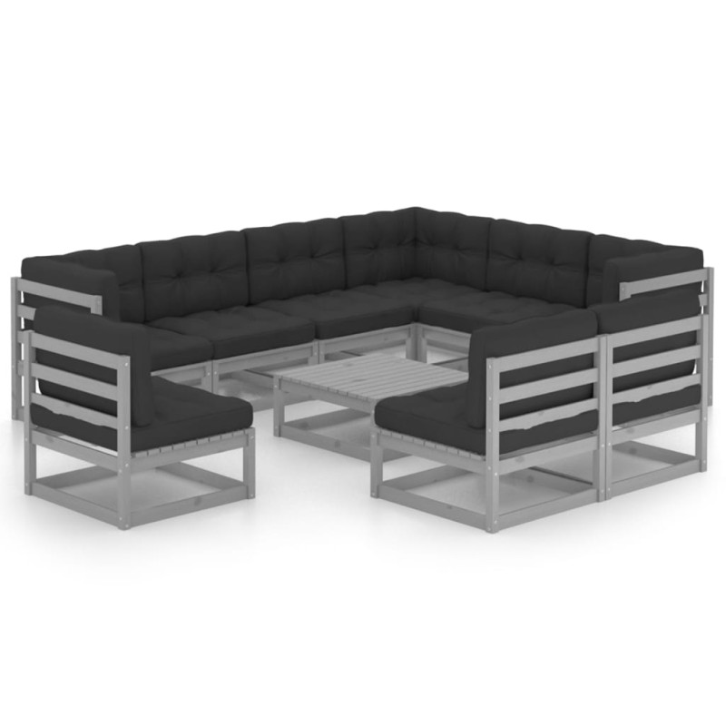 10-tlg. Garten-Lounge-Set mit Kissen Grau Massivholz Kiefer