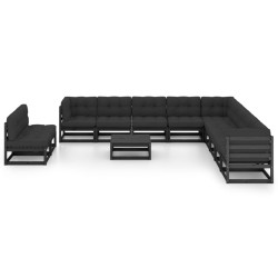 12-tlg. Garten-Lounge-Set mit Kissen Schwarz Massivholz Kiefer