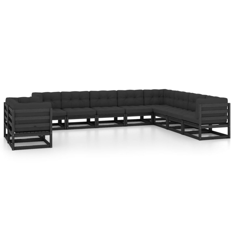 10-tlg. Garten-Lounge-Set mit Kissen Schwarz Massivholz Kiefer