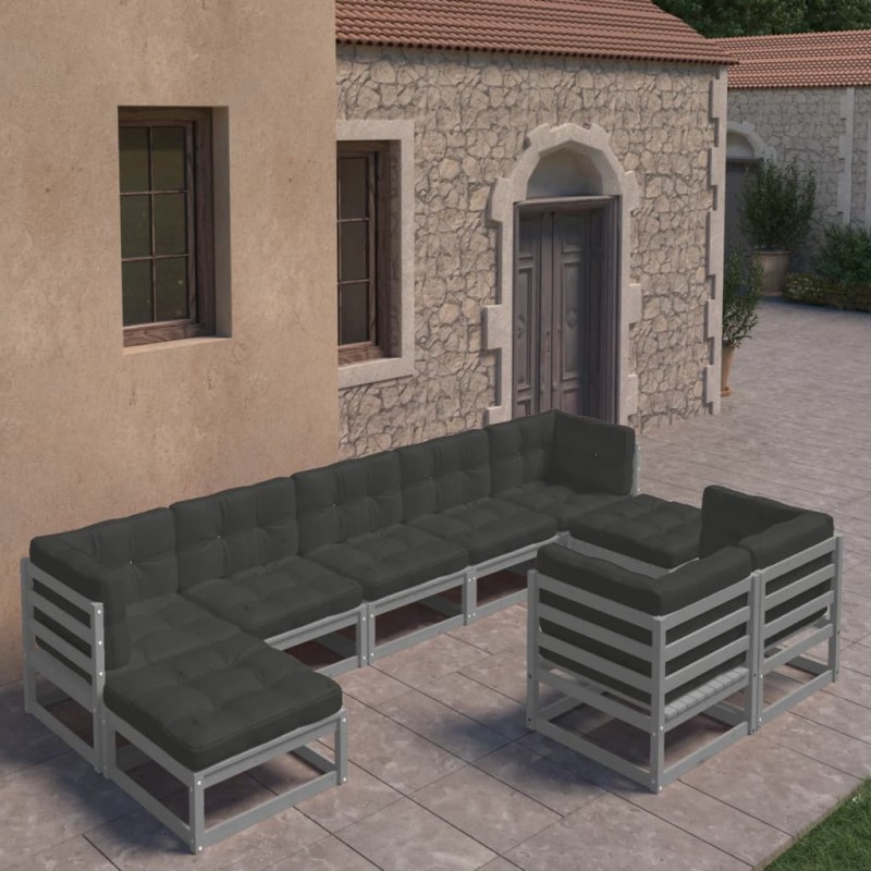 9-tlg. Garten-Lounge-Set mit Kissen Grau Massivholz Kiefer