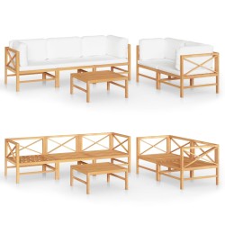 6-tlg. Garten-Lounge-Set mit Creme Kissen Massivholz Teak