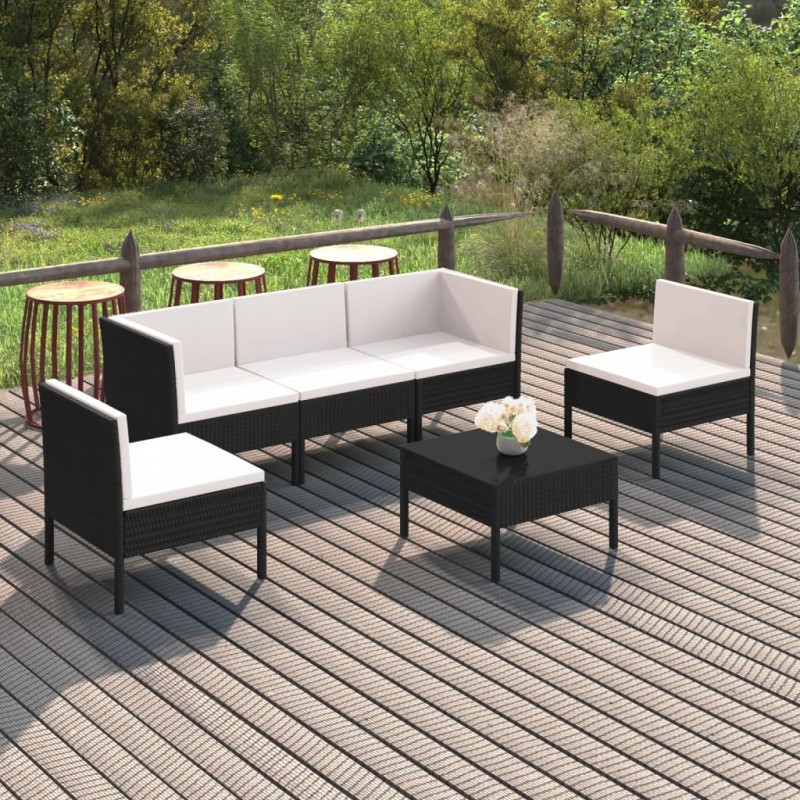 6-tlg. Garten-Lounge-Set mit Auflagen Poly Rattan Schwarz