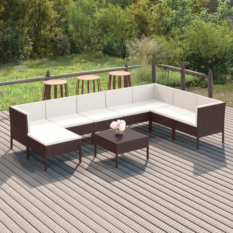 9-tlg. Garten-Lounge-Set mit Auflagen Poly Rattan Braun