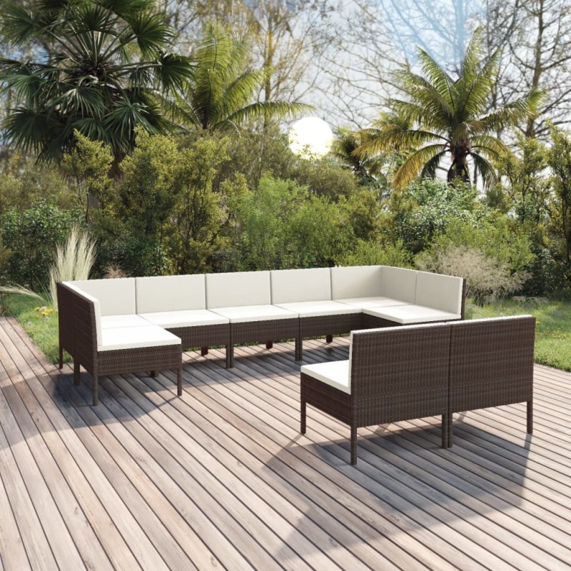 9-tlg. Garten-Lounge-Set mit Auflagen Poly Rattan Braun