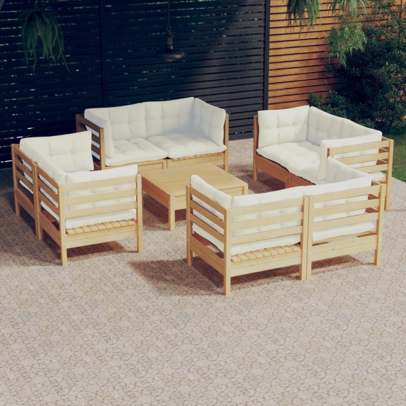 9-tlg. Garten-Lounge-Set mit Creme Kissen Kiefernholz