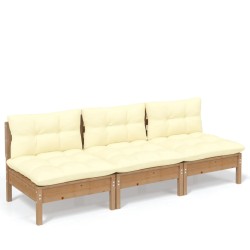 3-Sitzer-Gartensofa mit Creme Kissen Massivholz Kiefer