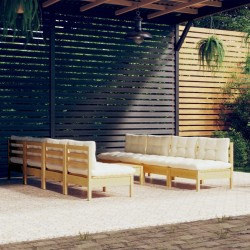 9-tlg. Garten-Lounge-Set mit Creme Kissen Massivholz Kiefer