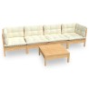 5-tlg. Garten-Lounge-Set mit Creme Kissen Kiefer Massivholz