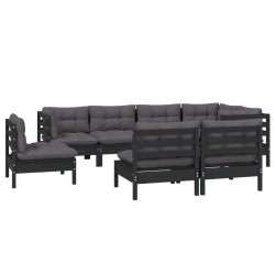 8-tlg. Garten-Lounge-Set mit Kissen Schwarz Massivholz Kiefer