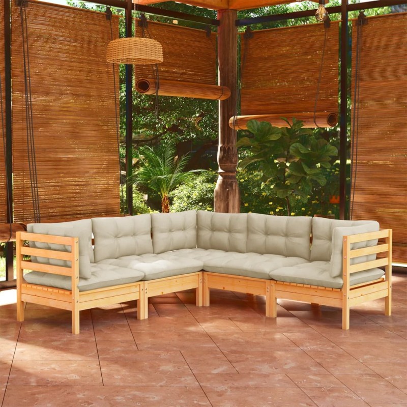 5-tlg. Garten-Lounge-Set mit Creme Kissen Massivholz Kiefer