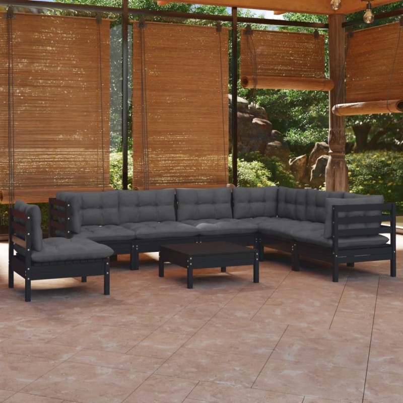 8-tlg. Garten-Lounge-Set mit Kissen Schwarz Massivholz Kiefer