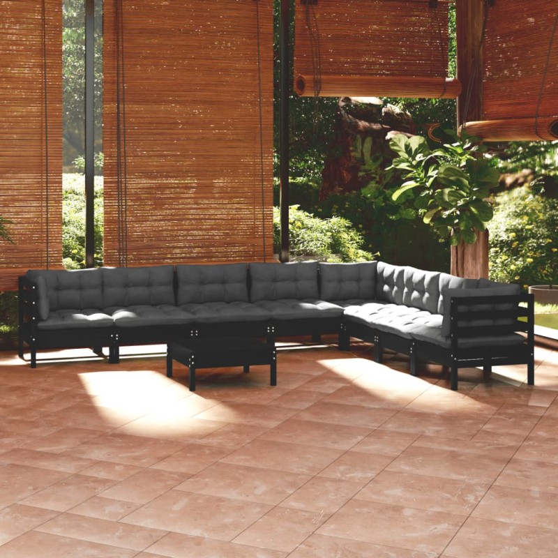 9-tlg. Garten-Lounge-Set mit Kissen Schwarz Massivholz Kiefer