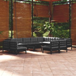 13-tlg. Garten-Lounge-Set mit Kissen Schwarz Massivholz Kiefer