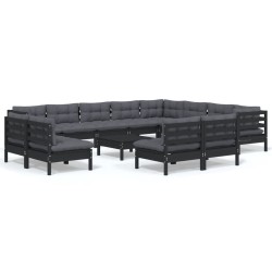 13-tlg. Garten-Lounge-Set mit Kissen Schwarz Massivholz Kiefer