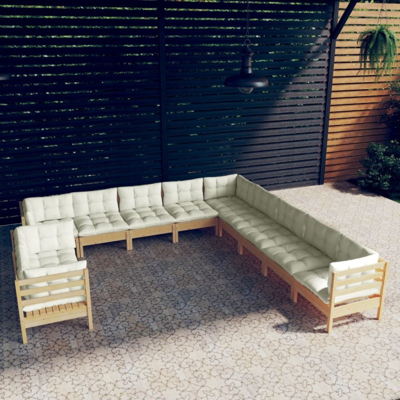 11-tlg. Garten-Lounge-Set mit Creme Kissen Massivholz Kiefer