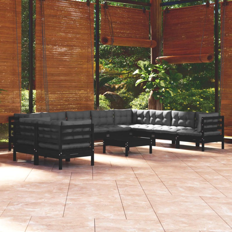 11-tlg. Garten-Lounge-Set mit Kissen Schwarz Massivholz Kiefer