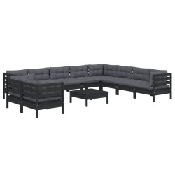 11-tlg. Garten-Lounge-Set mit Kissen Schwarz Massivholz Kiefer