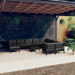 11-tlg. Garten-Lounge-Set mit Kissen Schwarz Kiefernholz