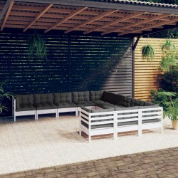 11-tlg. Garten-Lounge-Set mit Kissen Weiß Kiefernholz