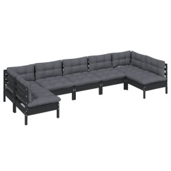 7-tlg. Garten-Lounge-Set mit Kissen Schwarz Massivholz Kiefer