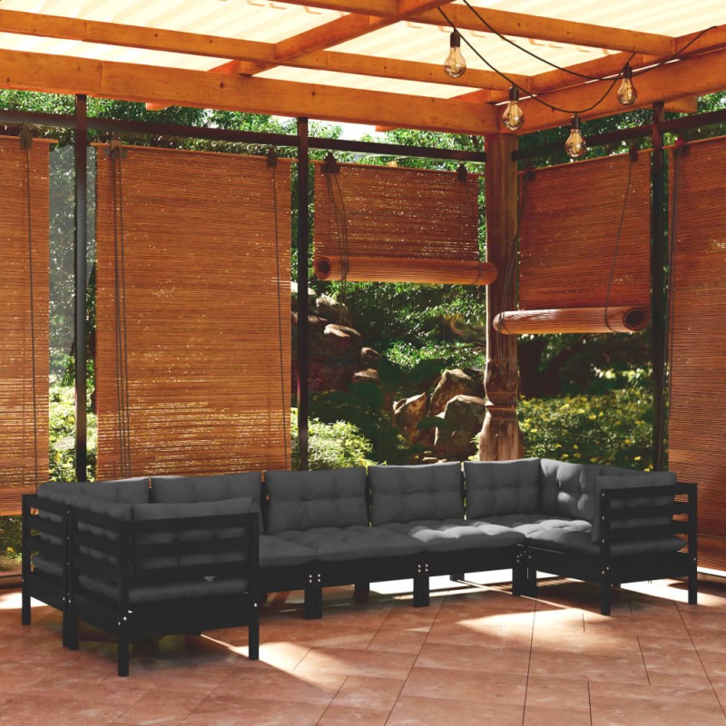 7-tlg. Garten-Lounge-Set mit Kissen Schwarz Kiefernholz