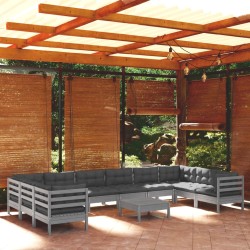 11-tlg. Garten-Lounge-Set mit Kissen Grau Kiefernholz