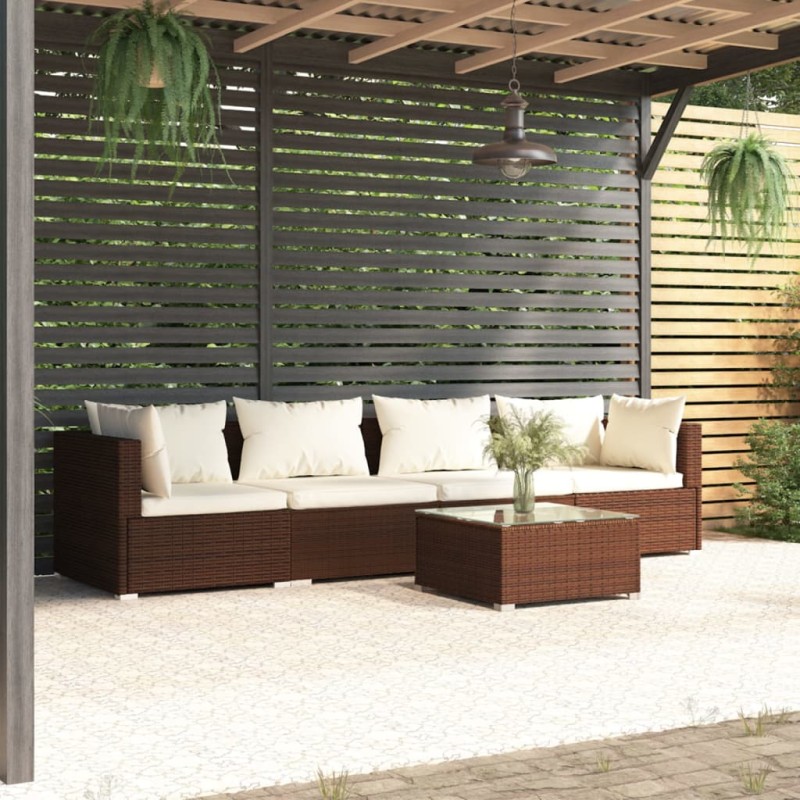 5-tlg. Garten-Lounge-Set mit Kissen Poly Rattan Braun