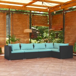 5-tlg. Garten-Lounge-Set mit Kissen Poly Rattan Schwarz